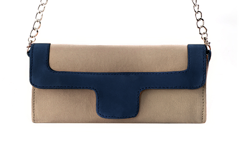 Women's tan beige and navy blue luxurious elegant clutch for ceremonies, weddings and evenings out. - Profile view